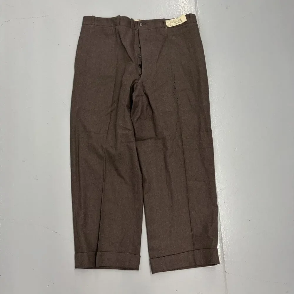 NOS Vintage 50s Brown Wool Buttonfly Trousers 36x27